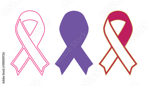 Awareness ribbon vector set, pink and purple medical support symbols, health campaign charity icons for breast cancer and domestic violence advocacy