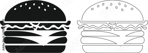 Comparison of a classic burger and a minimalist line-drawn burger illustration Vector