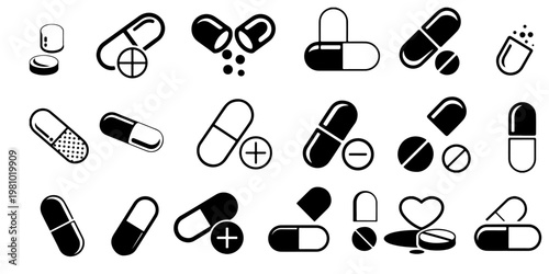 Assorted capsule and pill icons in solid and outline styles representing pharmaceutical medication, antibiotics, and healthcare treatment symbols
