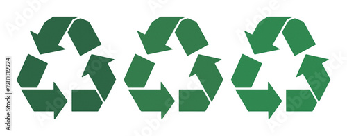 Green recycle symbol set of 3 icons, eco-friendly recycling arrows for sustainability and waste management, universal environmental conservation vector