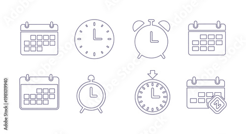 Set of clean outline vector icons showing various clock and calendar designs for time management