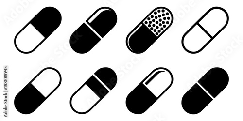 Assorted capsule and pill icons in solid and outline styles representing pharmaceutical medication, antibiotics, and healthcare treatment symbols