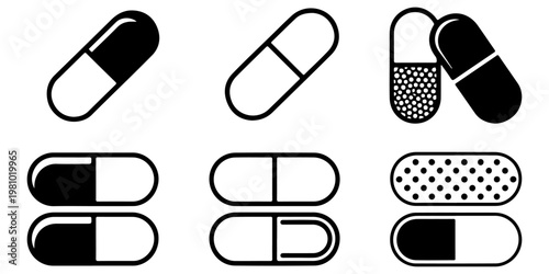 Assorted capsule and pill icons in solid and outline styles representing pharmaceutical medication, antibiotics, and healthcare treatment symbols