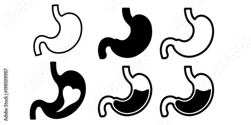 Human stomach anatomy icons with solid and outline variations illustrating digestive system, gastric health, and internal organ concepts for medical and educational use