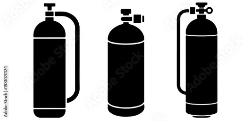 Oxygen tank and gas cylinder icons in multiple styles representing respiratory support equipment, medical oxygen supply, and emergency breathing devices