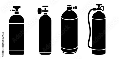 Oxygen tank and gas cylinder icons in multiple styles representing respiratory support equipment, medical oxygen supply, and emergency breathing devices