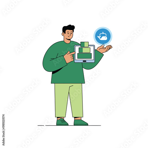 Young person with laptop performing cloud computing.