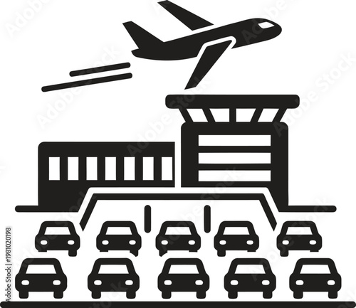 Airport terminal with airplane taking off over parking lot filled with cars.