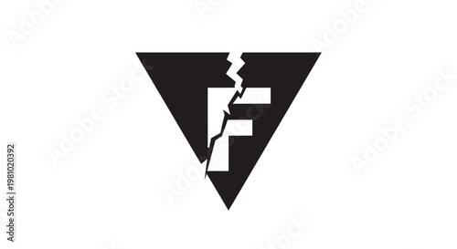 Broken black triangular F letter logo design in a bright studio background.