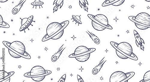 Space Themed Pattern Vector Illustration with Planets, Rockets, UFOs, and Comets for Science Fiction and Astronomy Design Projects