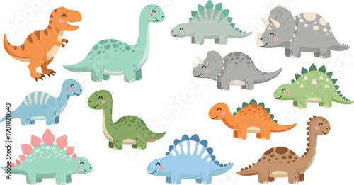 Cute Dinosaur Vector Set with Various Colorful Dinosaurs in Different Poses for Children's, Cartoon, and Animal Illustrations