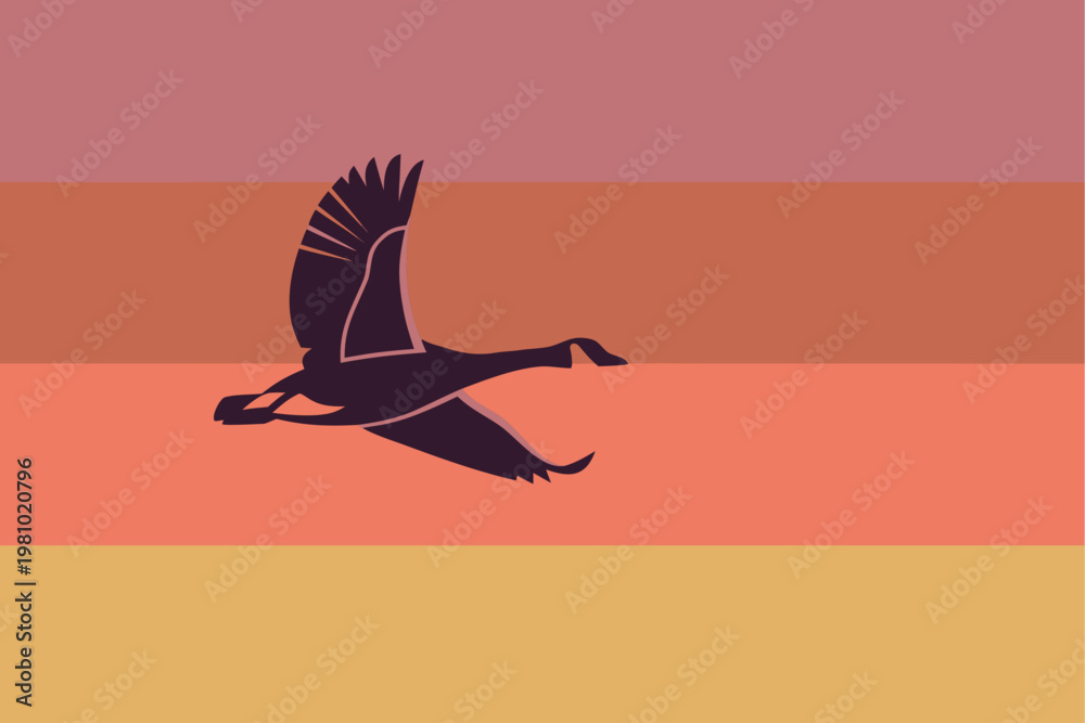 Fototapeta premium Minimalist Bird in Flight Silhouette on Retro Sunset Striped Background, Concept for Migration, Freedom, and Nature Conservation Vector Illustration 