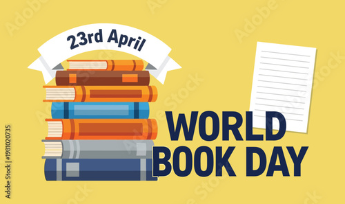 World book day celebration stack of books and ribbon with date