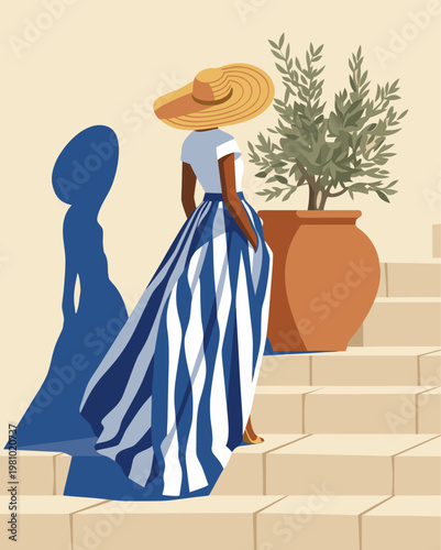 Elegant Woman in Straw Hat and Blue Striped Skirt Walking up Mediterranean Stairs with Olive Tree, Concept for Luxury Travel, Summer Vacation, and European Lifestyle Vector
