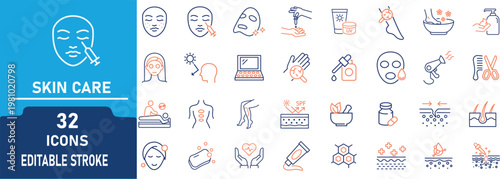 Skincare Line Icons Set. Contain to related icons Face Care, Serum, Sunscreen, Acne Treatment, Cleansing and Beauty Routine Editable Stroke Vector Collection.