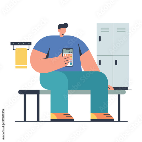 Person using smartphone seated beside lockers.