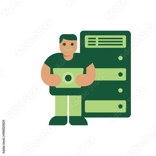 Tech worker holding money near server rack illustration.