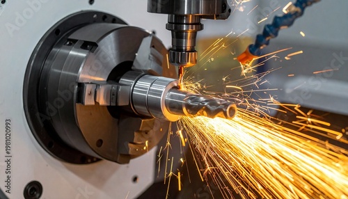 Close-up of industrial gear machining on lathe, sparks flying from cutting tool, highlighting precision engineering and manufacturing intensity.