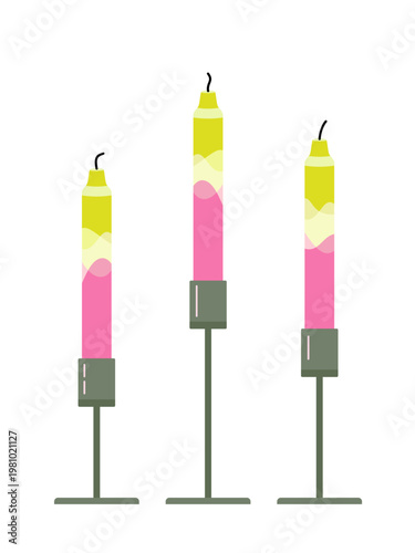 Three decorative pastel pink and yellow wax candles on slim grey candlesticks of different heights, isolated on white background. Vector illustration for home interior decor.
