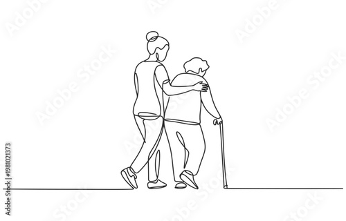 Line art illustration showing a caregiver helping an elderly woman walk with a cane home care old age helping hand human services caregiver assistance illustration activity lifestyle