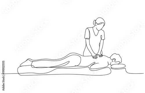 Continuous line drawing of person receiving back massage on bed with line art single pain relief stress relief relaxation wellness bodywork treatment wellbeing holistic rehabilitation