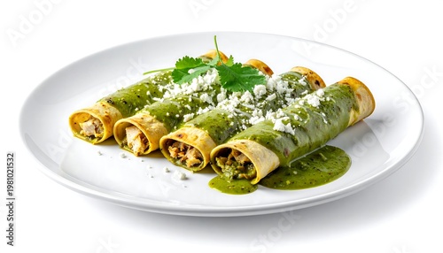 A plate showcases four enchiladas, bathed in a vibrant green sauce, topped with crumbly white cheese and cilantro. The tortillas have a golden hue