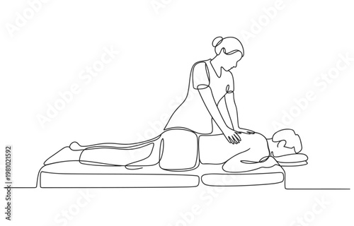 Minimalist line art of a massage therapist working on a patient's back with single line continuous pain relief stress relief massage table therapist relaxation wellness bodywork holistic