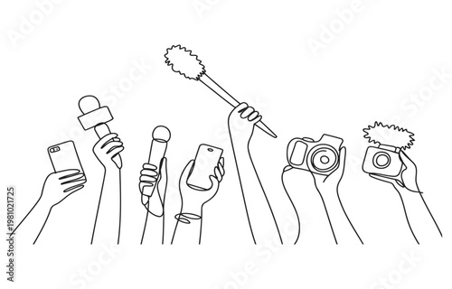 Group of hands holding microphones smartphones cameras for news coverage white background microphones smartphones coverage conference journalism reporting interview communication