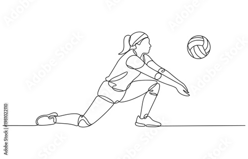 One line drawing of a female volleyball player in a defensive stance with volleyball athletic defensive illustration training competition recreation lifestyle reception championship overhand