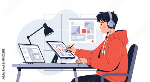 Young man working on a tablet and laptop with headphones, digital art