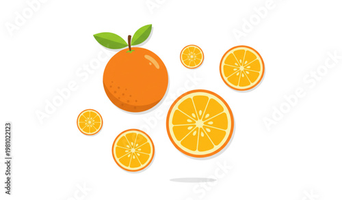 Flat orange fruit icon set with whole half and slices citrus vector illustration isolated on white for modern food design