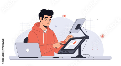 Young Man Working on Digital Art Tablet and Laptop, Creative Workspace