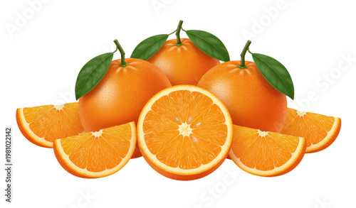 Detailed realistic oranges with leaves and sliced citrus fruit vector illustration for juice branding and organic food concept