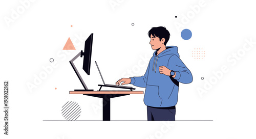 Young Man Working on Laptop and Computer at Standing Desk, Modern Office Setup