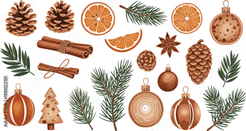 Vector set of rustic Christmas elements featuring pine cones cinnamon sticks dried oranges and copper ornamentsVector set of rustic Christmas elements featuring pine  