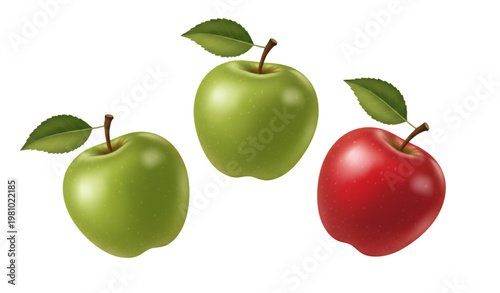 Realistic red and green apples with leaves vector illustration isolated on white background for healthy fresh fruit nutrition concept