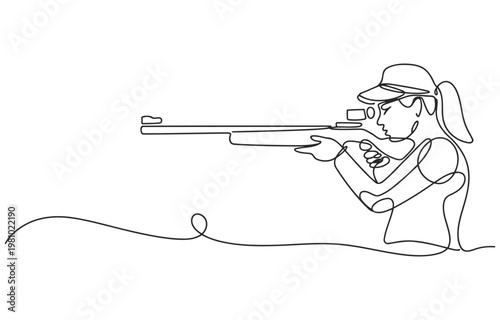 Woman aiming a rifle in a continuous line art style depicting shooting sport or marksmanship activity single line black white background shooting marksmanship illustration minimalist