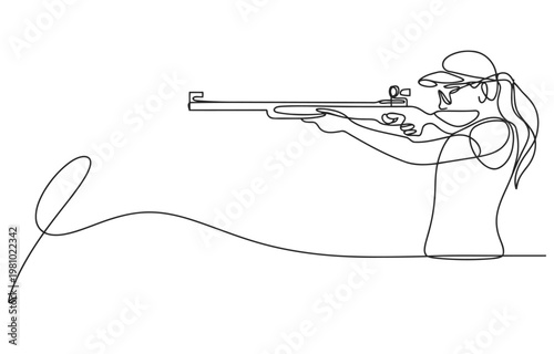 Woman aiming a rifle in a continuous line art style depicting shooting sport or marksmanship activity single line black white background shooting marksmanship illustration minimalist