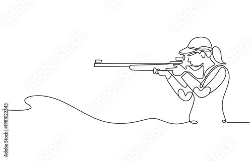 Woman aiming a rifle in a continuous line art style depicting shooting sport or marksmanship activity single line black white background shooting marksmanship illustration minimalist
