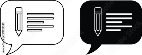 Speech bubble icons with a pencil and lines representing writing, note-taking, or communication in black and white graphic styles.