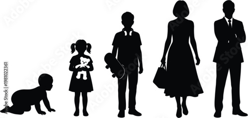 Silhouettes Depicting Human Growth Stages from Baby to Elderly Adult, Showcasing Life Progression and Generational Development