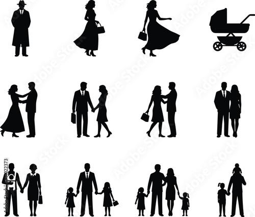 Silhouettes Depicting Human Life Stages, Relationships, Parenthood, Family Growth, Companionship, and Everyday Adult Journeys in Expressive Minimalist Design
