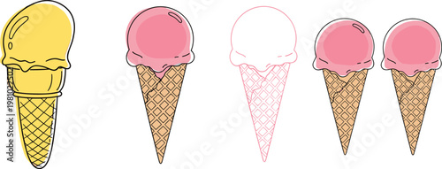 Ice Cream Cone Vector Set with Different Flavors and Colorful Scoops on a White Background for Food, Dessert, and Summer Designs