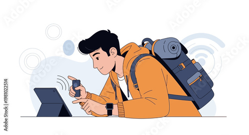 Young Traveler with Backpack Using Tablet and Smartphone for Navigation
