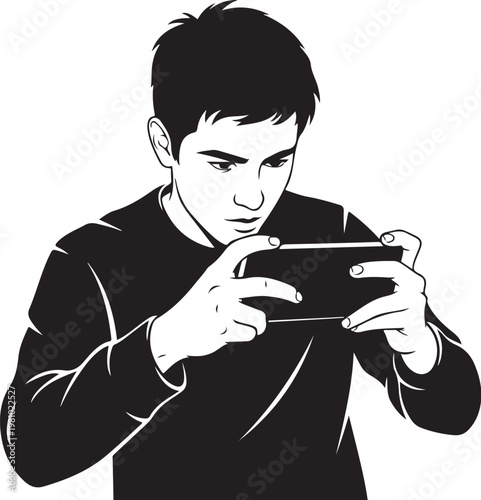 Black and white of a man playing a handheld game console
