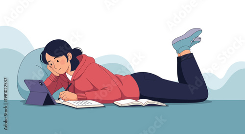 Young woman studying on tablet and books, lying on floor, comfortable learning