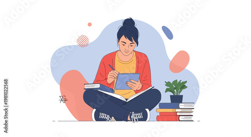 Young woman studying or working on a tablet, surrounded by books, plant, and abstract shapes.