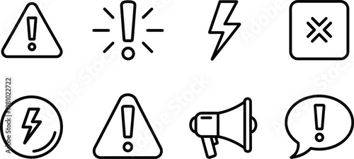 A collection of various black linear warning and notification icons including exclamation points lightning bolts and loudspeakers high quality professional detailed modern elegant