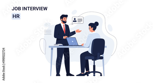 Job Interview HR Meeting: Man and Woman Discussing Career Opportunities with Laptop