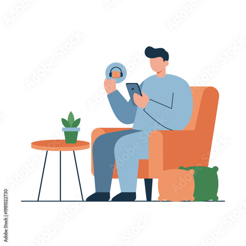 Person Sitting in Armchair Holding Round Object in Living Room.